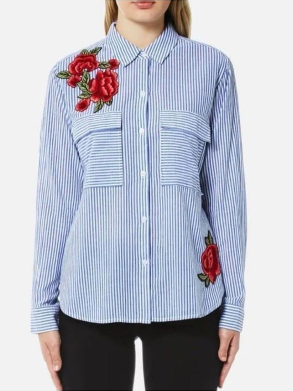 Rails Frances‎ Blue Banker Stripe Button Down Embroidered Floral Size Medium